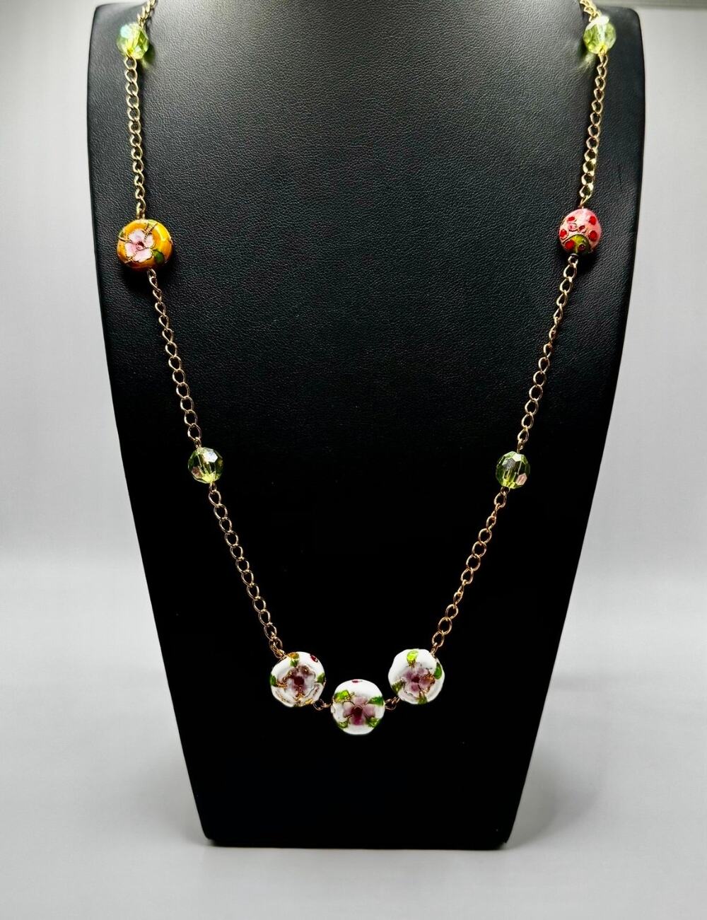 Vintage 48" Flapper Necklace Floral Beads Gold Tone